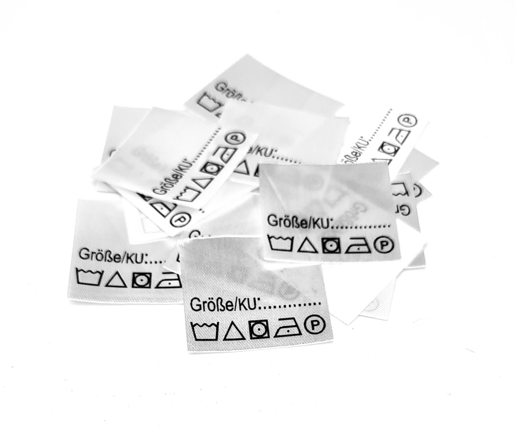 25 St. Textiletiketten Größe/KU ____ zum selber Ausfüllen mit Pflegesymbole