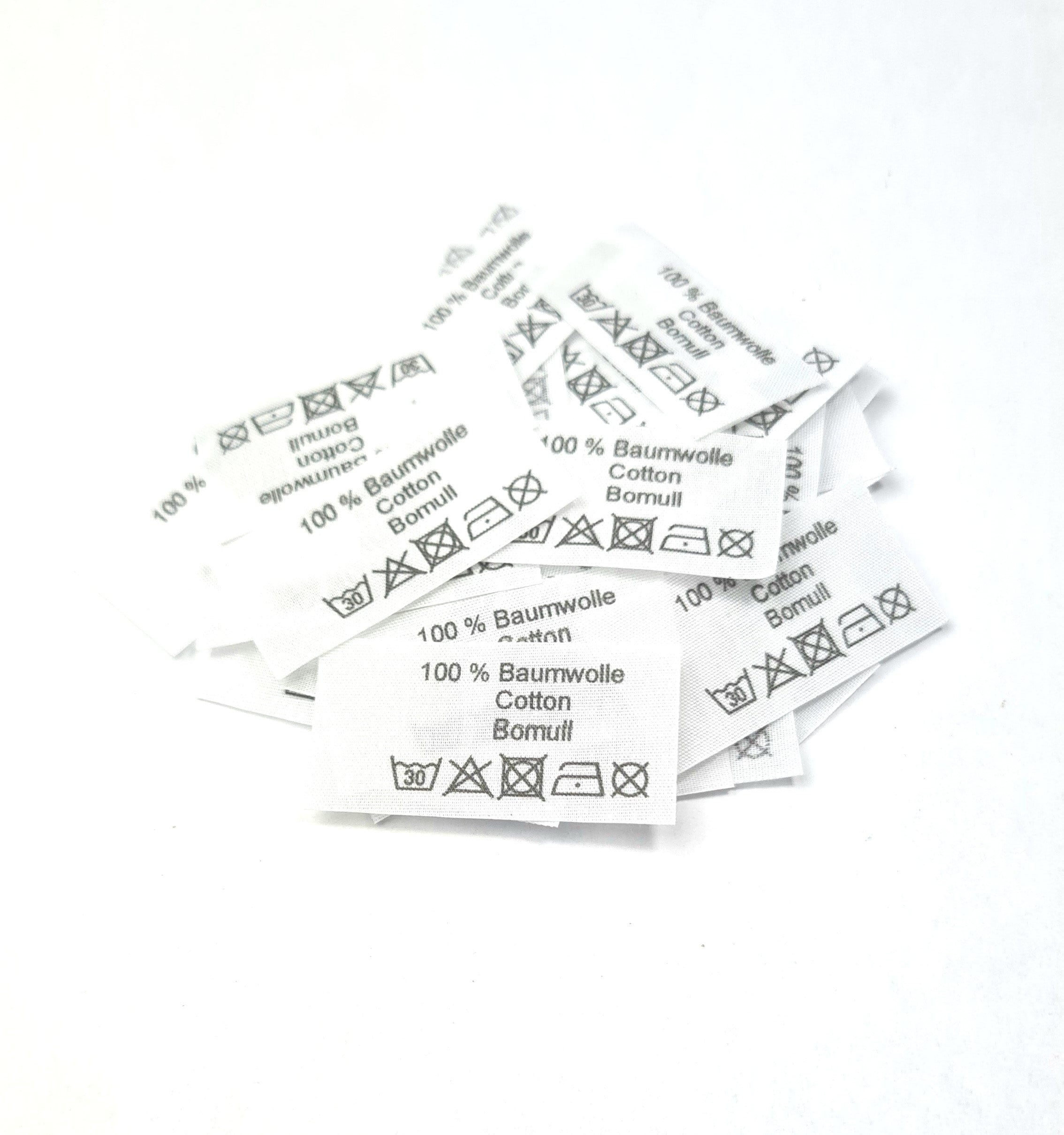 50 St. Textiletiketten 100% Baumwolle - in drei Sprachen -