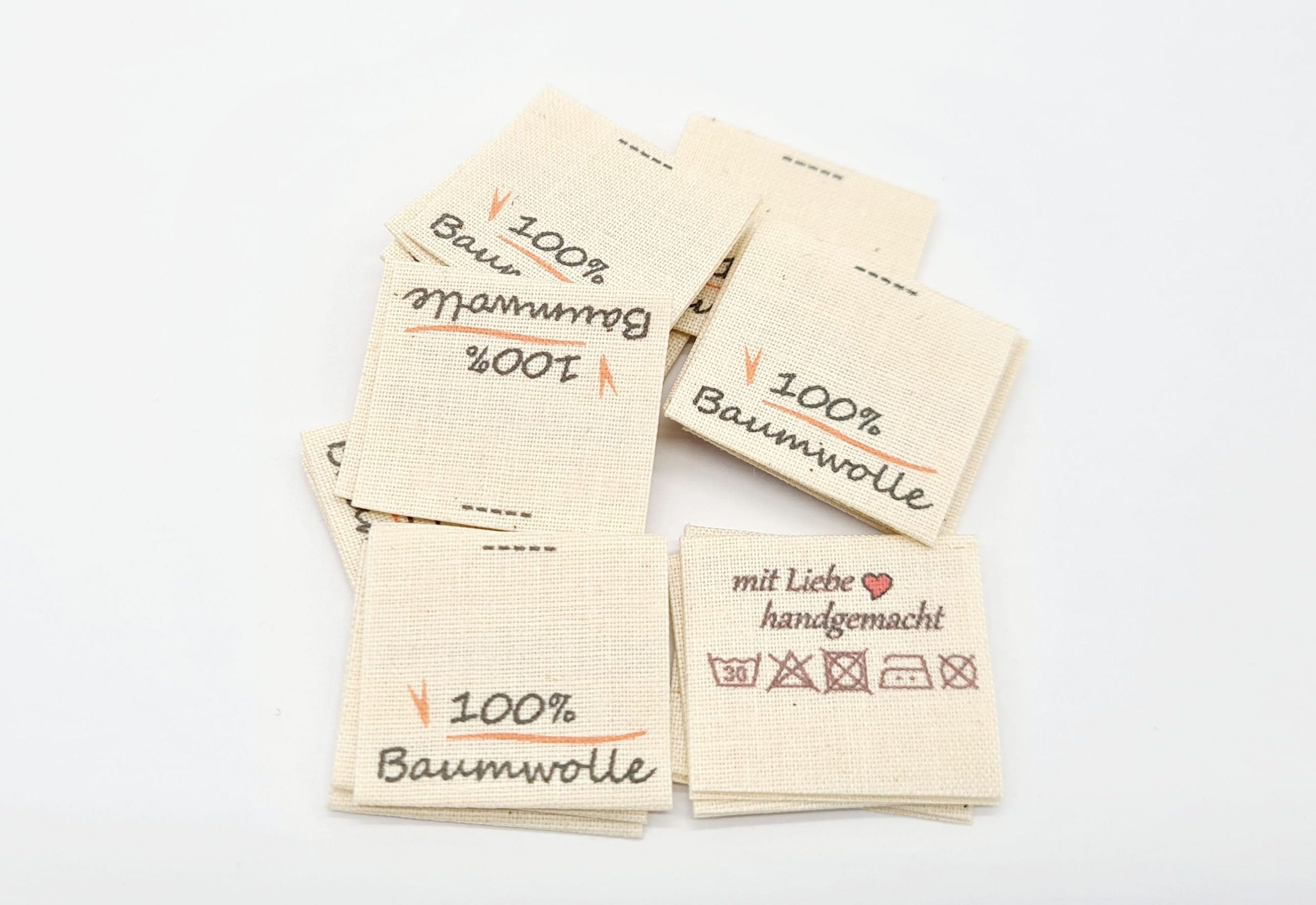 Textiletiketten aus Naturbaumwollband 100% Baumwolle mit Pflegesymbole 20 Stück