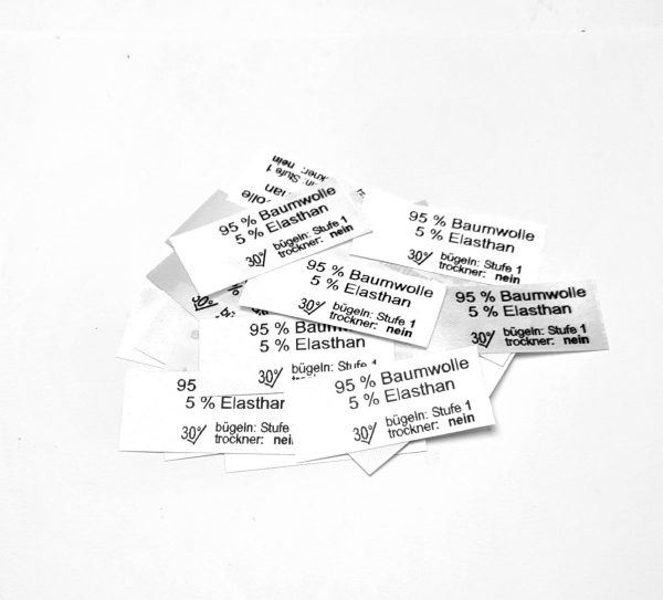 50 St. Textiletiketten mit der Aufschrift 95% Baumwolle 5 Elasthan lizensfreie Pflegehinweise