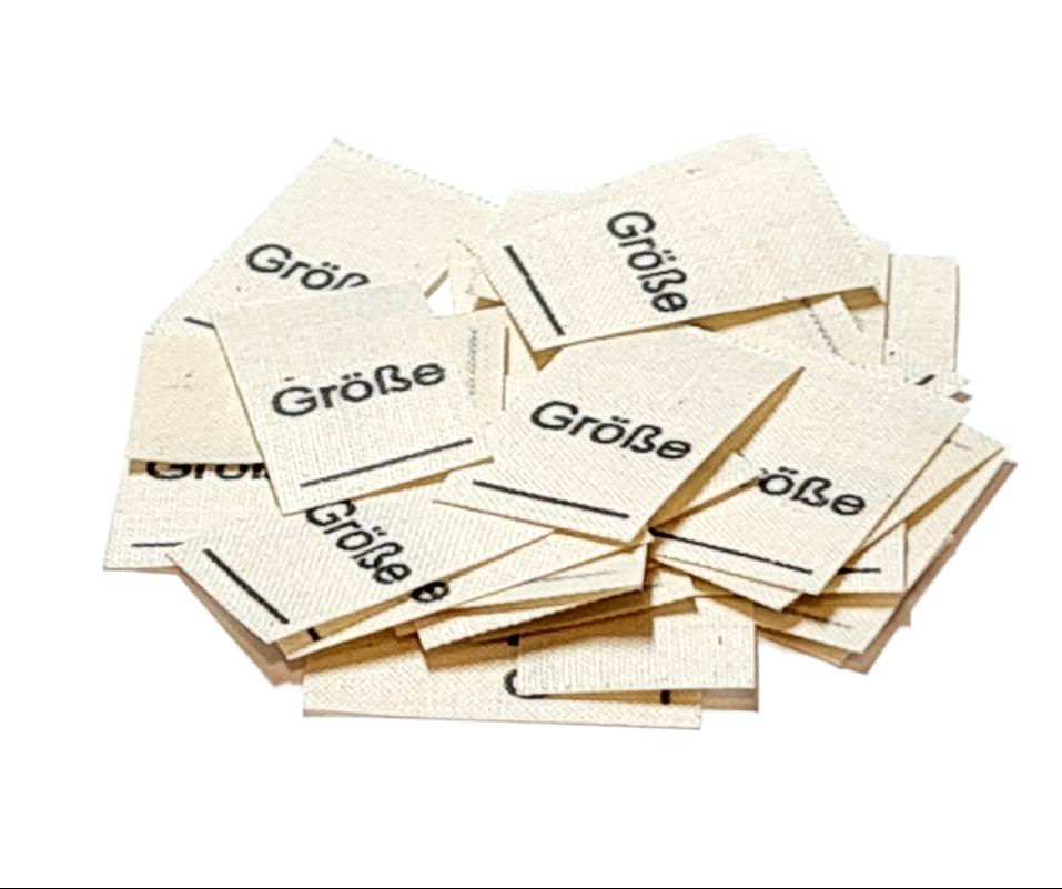 25 St. Textiletiketten mit dem Aufdruck „Größe___“ in Arial-schrift zum Beschreiben, auf Naturbaumwolle